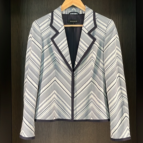 Escada Jackets & Blazers - “SOLD” Escada Silk Lined Navy Blazer Single Breasted Multistripe Contrast Trim